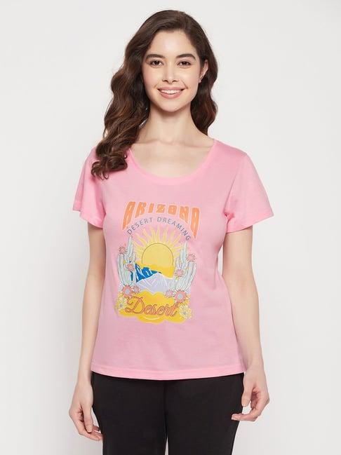 clovia pink cotton graphic print t-shirt