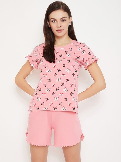clovia pink cotton graphic print top shorts set
