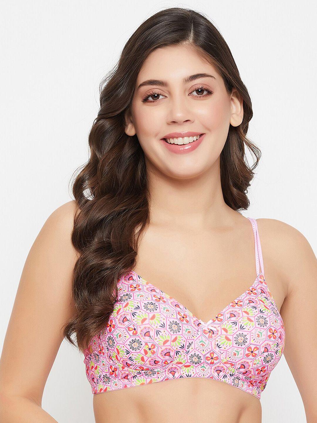 clovia pink floral printed full coverage lightly padded bra with all day comfort