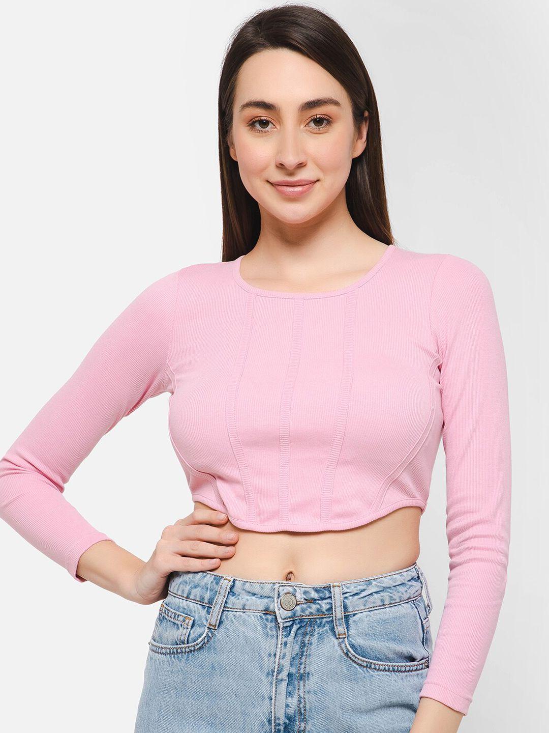 clovia pink round neck cotton fitted crop top