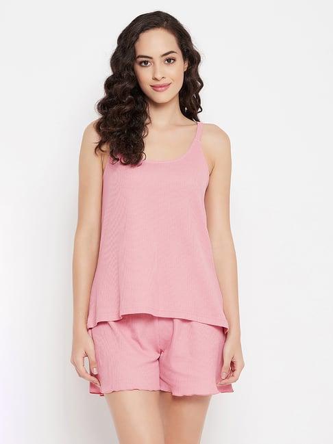 clovia pink round neck top with shorts