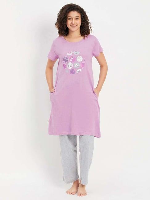 clovia purple & grey cotton printed sleep tees pyjamas set
