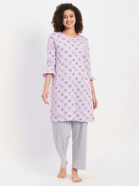 clovia purple & grey cotton printed sleep tees pyjamas set