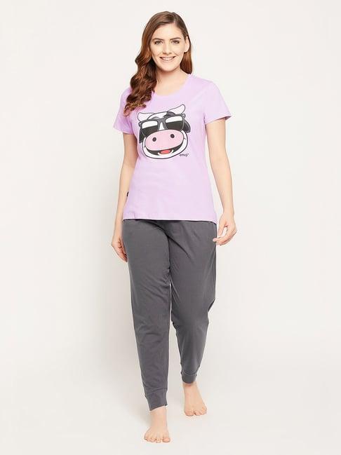 clovia purple & grey printed top with joggers