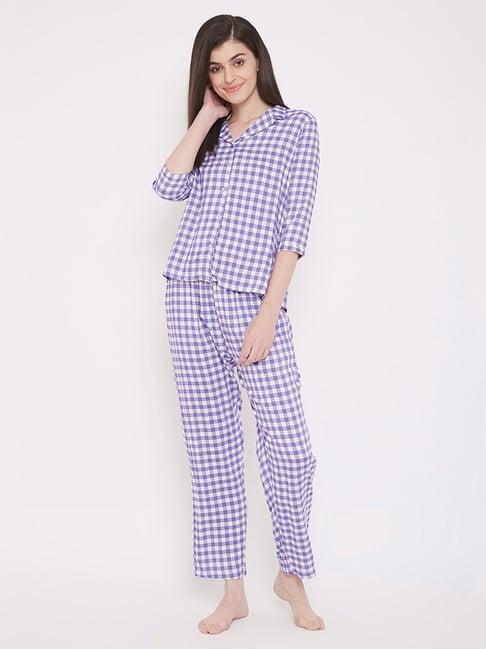 clovia purple checks shirt & pyjama set