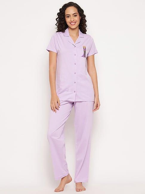 clovia purple cotton graphic print shirt pyjama set