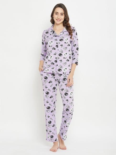 clovia purple cotton printed shirt with pyjamas