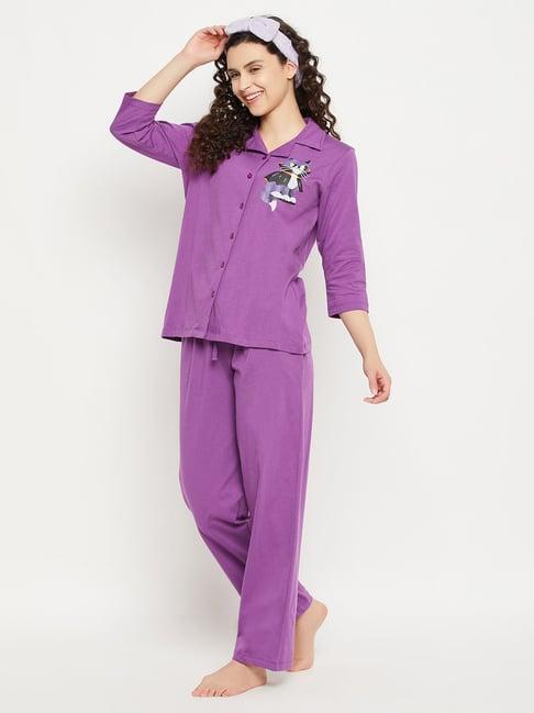 clovia purple cotton printed shirt with pyjamas