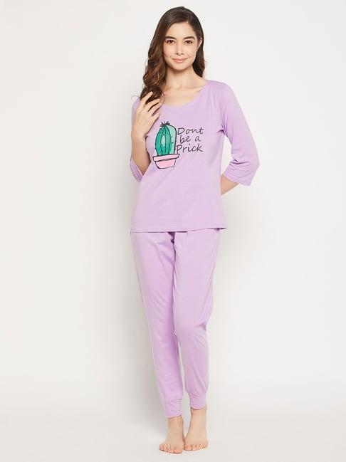 clovia purple cotton printed top with joggers