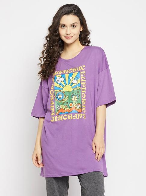 clovia purple printed cotton t-shirt