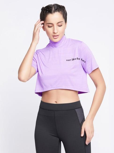 clovia purple printed sports crop top