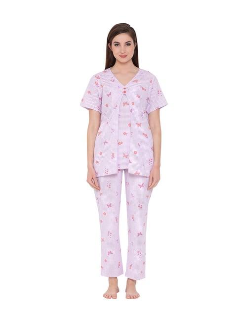 clovia purple printed top & pyjama set