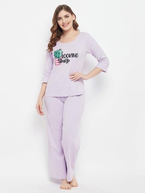 clovia purple printed top & pyjama set