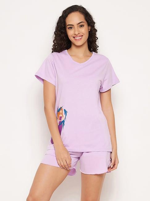 clovia purple printed top with shorts