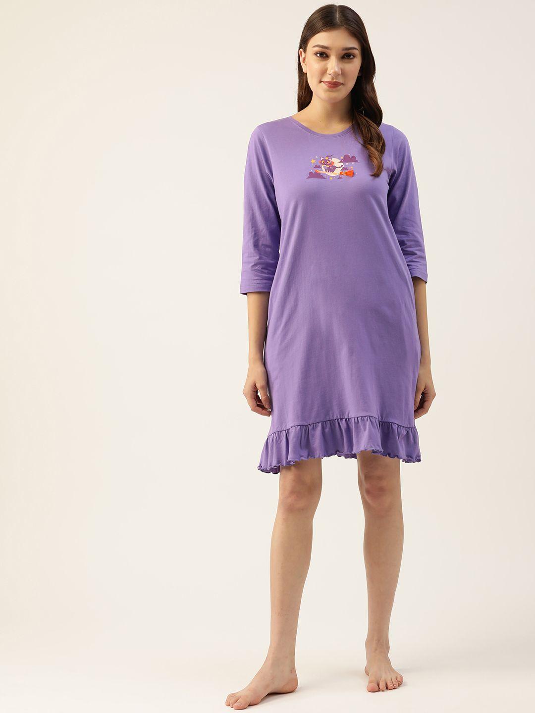 clovia purple pure cotton printed nightdress