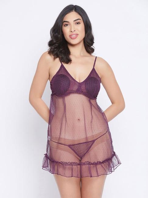 clovia purple self design babydoll with thong