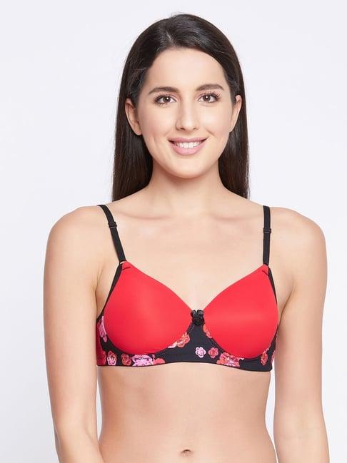 clovia red & black floral print t-shirt bra