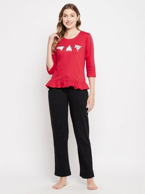clovia red & black printed top & pyjama set
