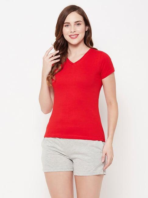 clovia red & grey cotton t-shirt with shorts