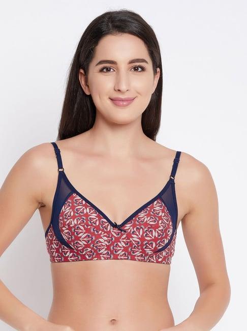 clovia red & navy cotton printed full coverage bra