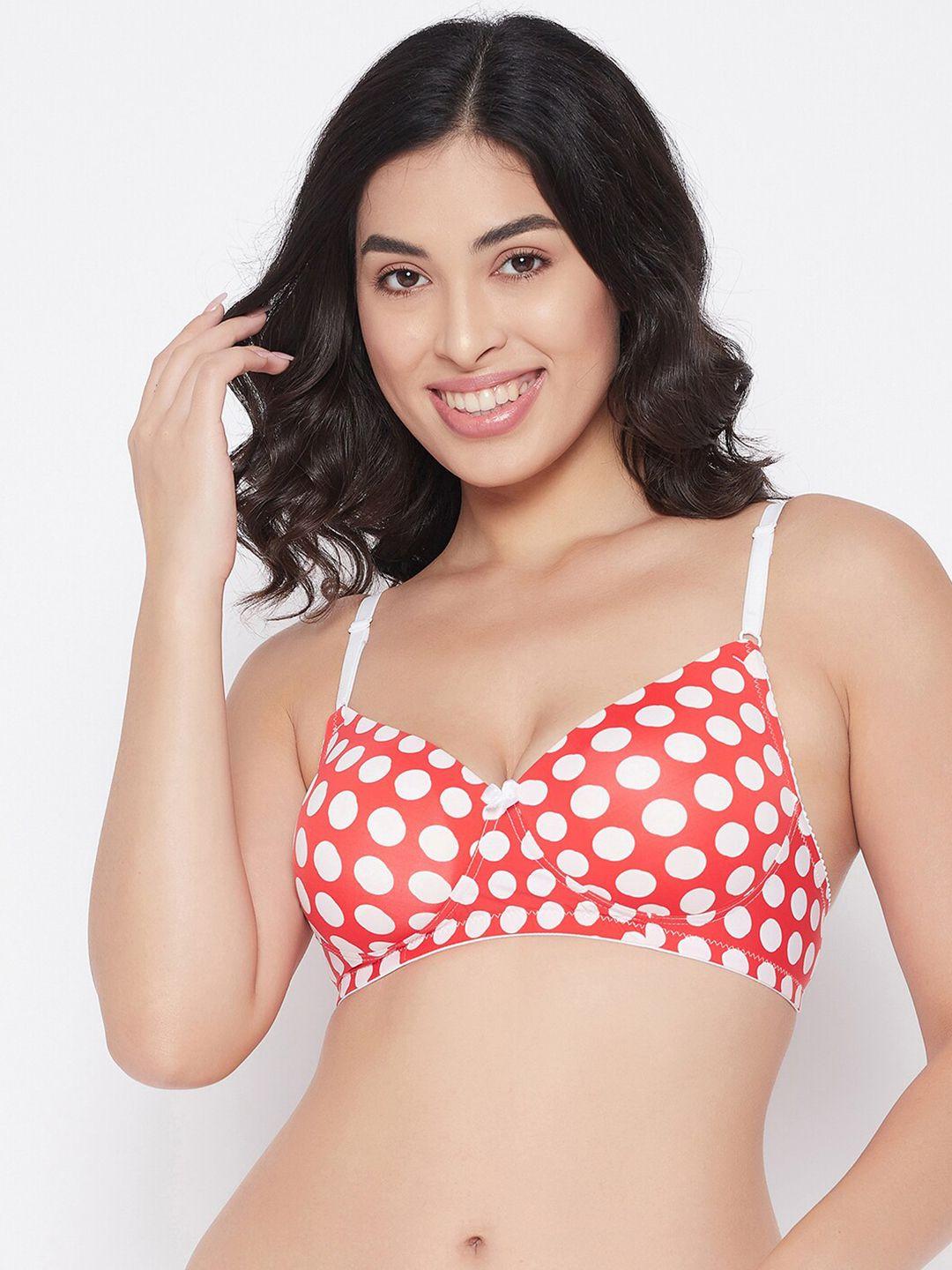 clovia red & white non-wired full cup polka dots printed lightly padded t-shirt bra