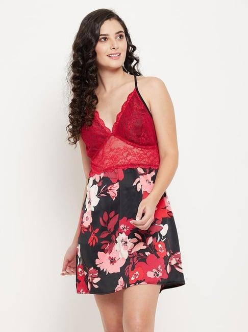 clovia red floral print babydoll