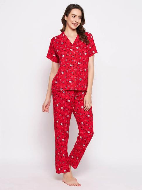 clovia red floral print shirt with pyjamas