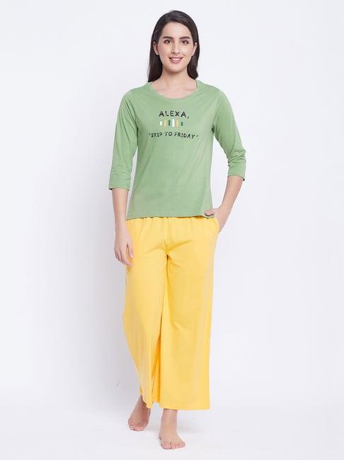 clovia sage green & yellow graphic print t-shirt with pyjamas