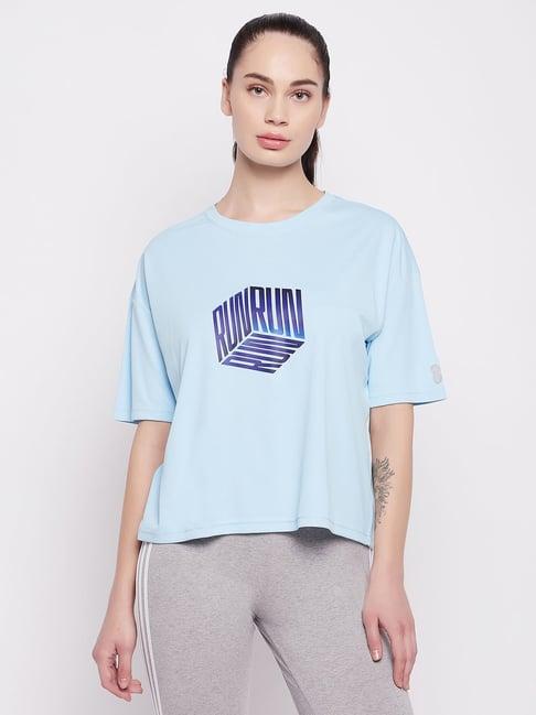clovia sky blue graphic print sports t-shirt