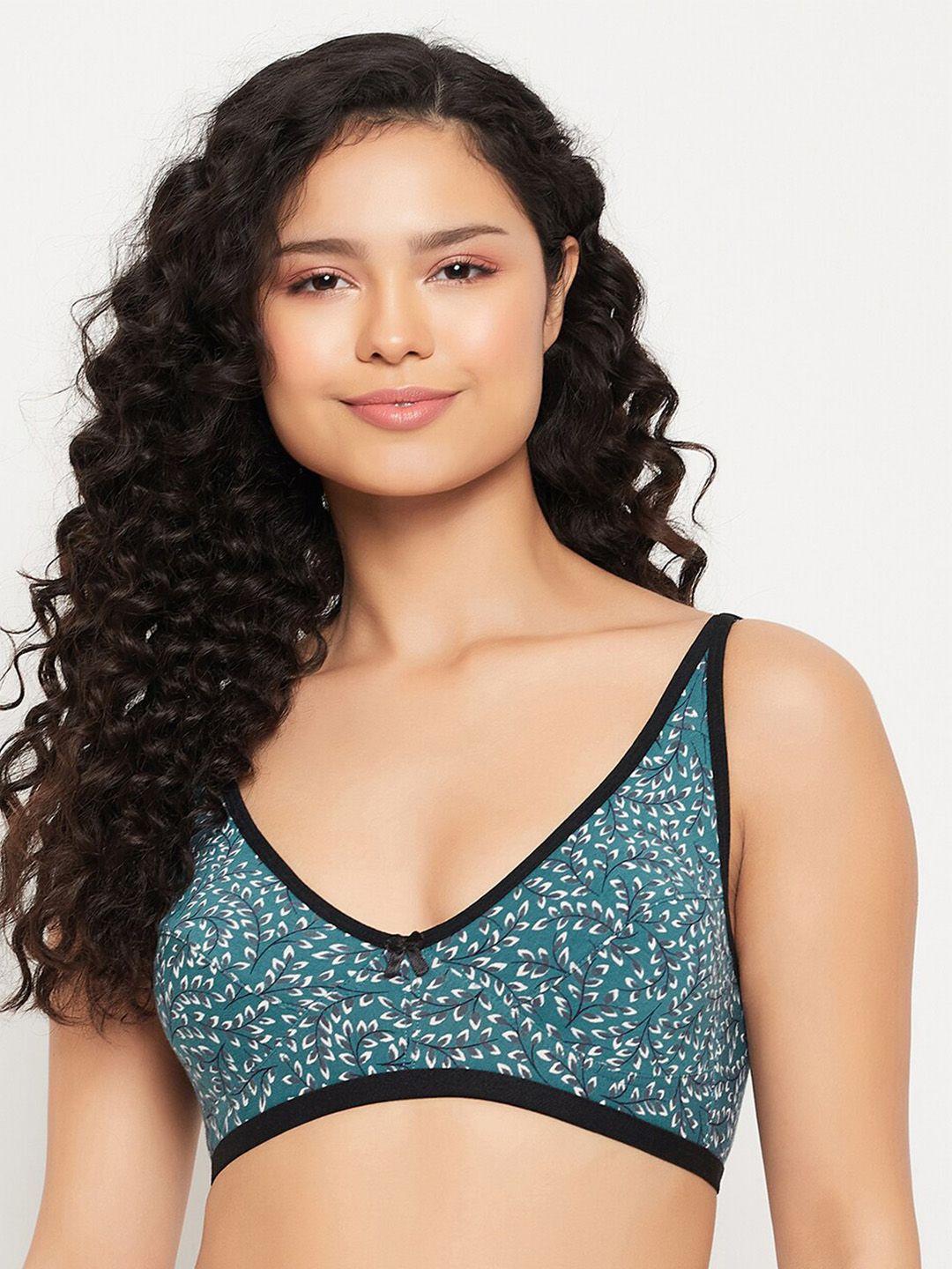 clovia teal & grey floral printed non padded half coverage cotton bra with all day comfort