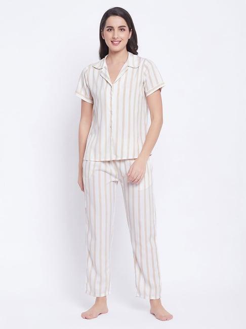 clovia white & beige striped shirt with pyjamas
