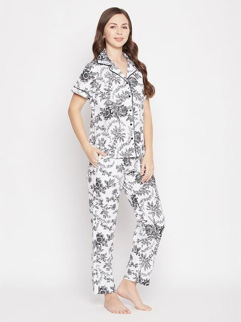 clovia white & black floral print shirt with pyjamas
