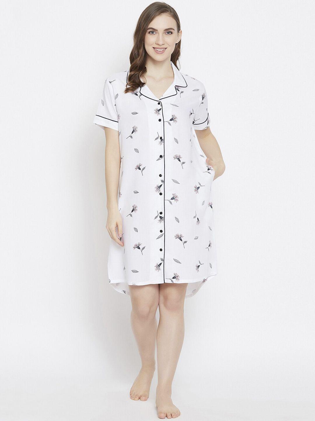 clovia white & black floral print sleep shirt