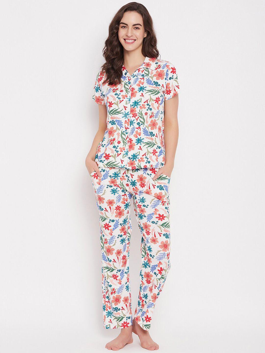 clovia white & blue floral printed shirt with pyjamas