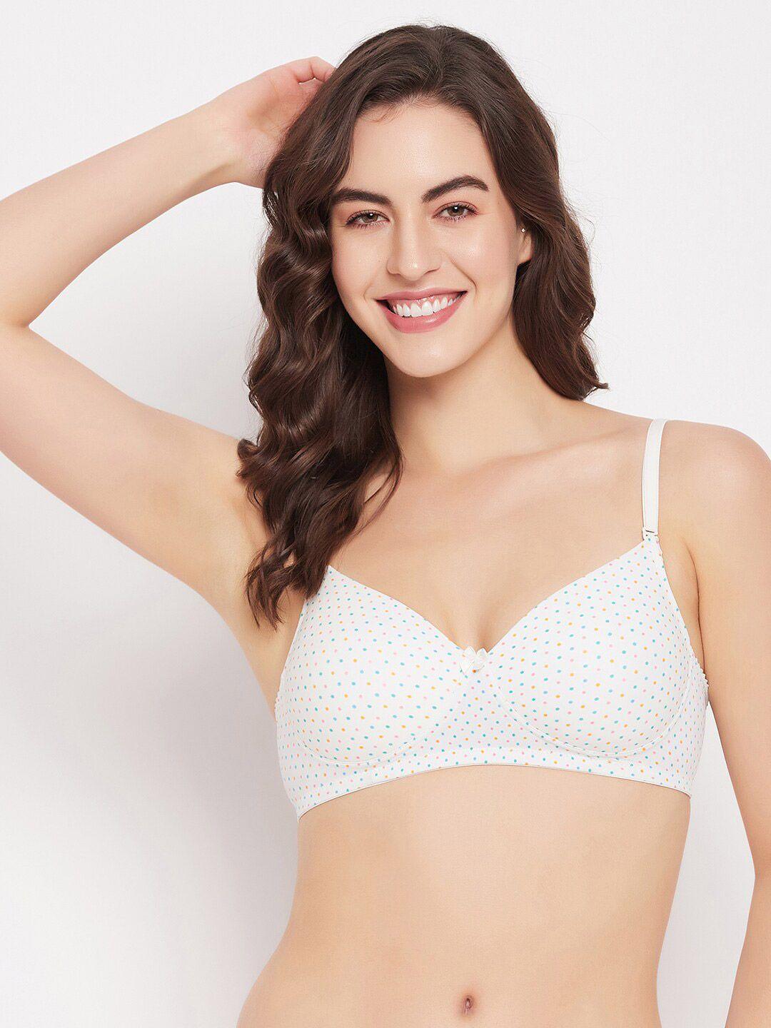 clovia white & blue polka dot full coverage lightly padded  all day comfort t-shirt bra