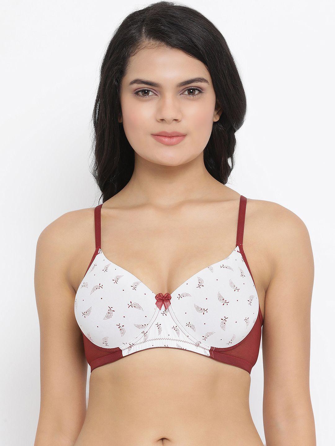 clovia white & brown printed non-wired lightly padded t-shirt bra br1737t1832b