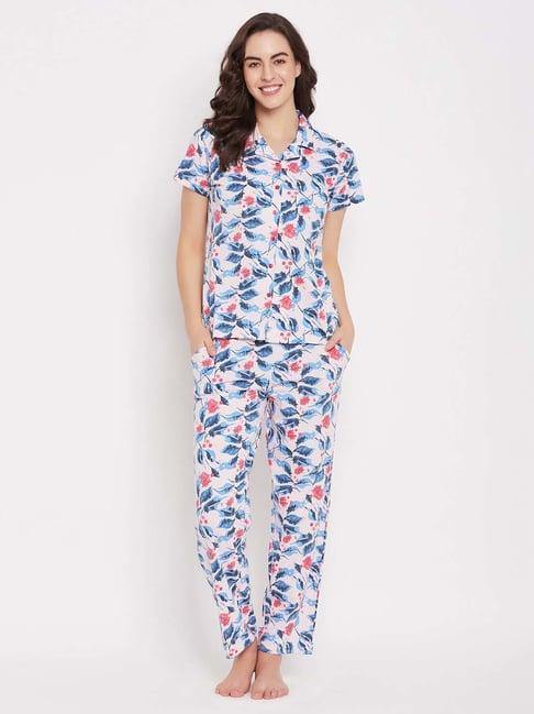 clovia white cotton floral print shirt pyjamas set