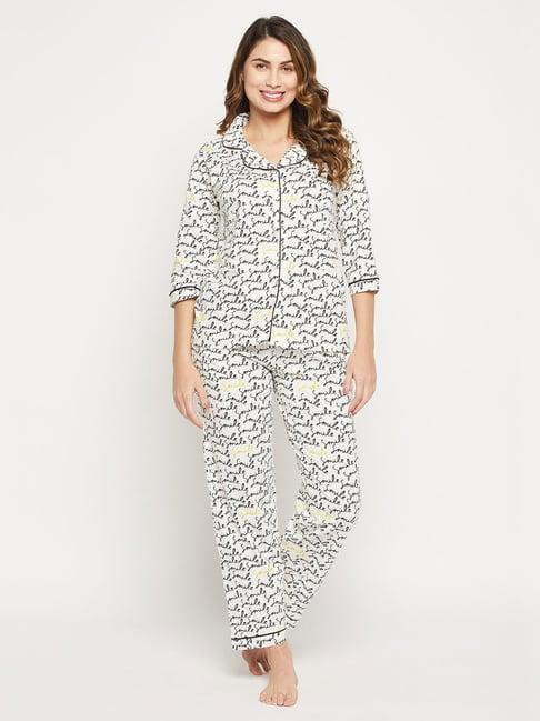 clovia white printed cotton shirt with pyjamas