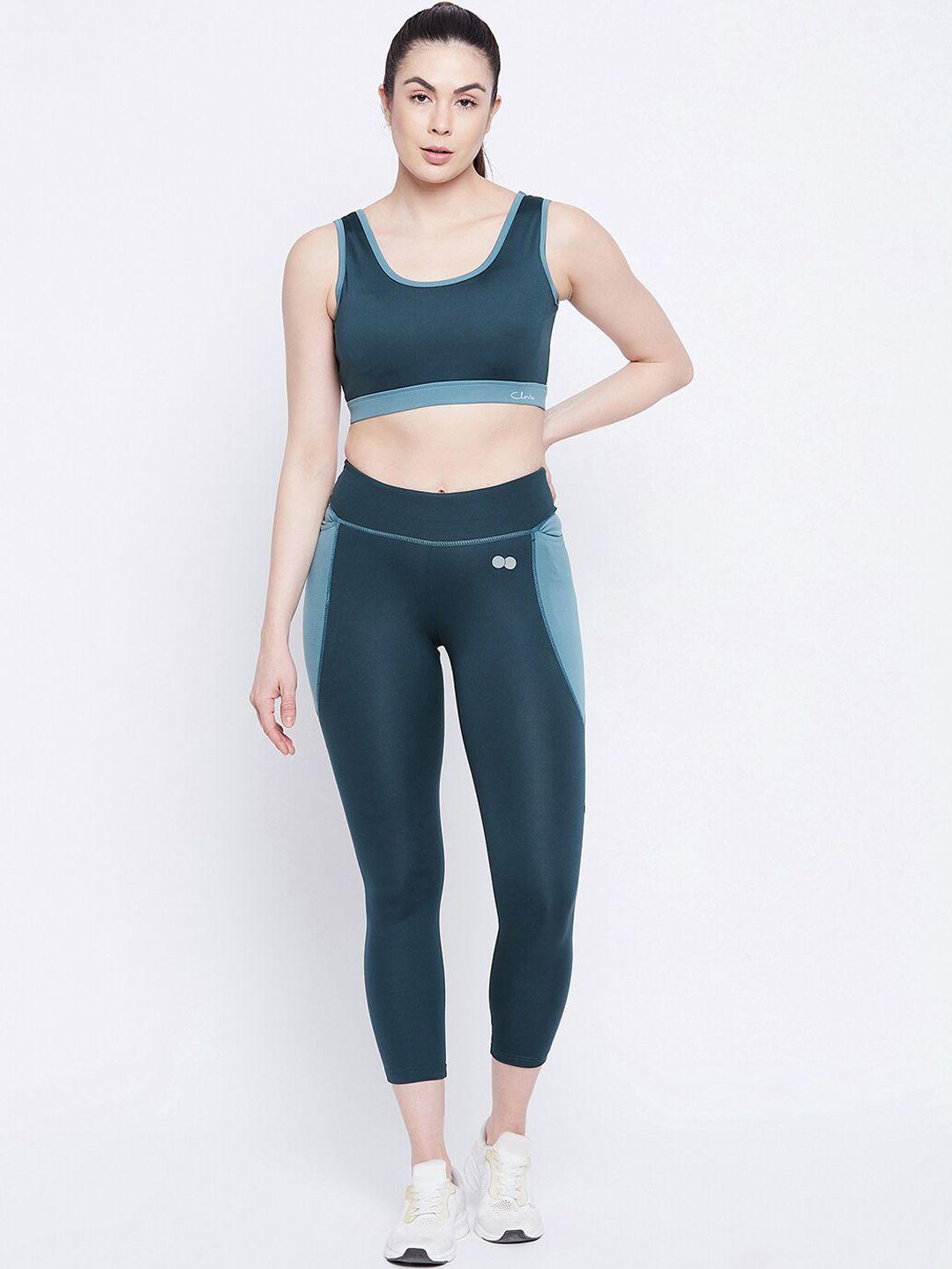 clovia woman green mid-rise ankle-length tights & padded non wired sports bra