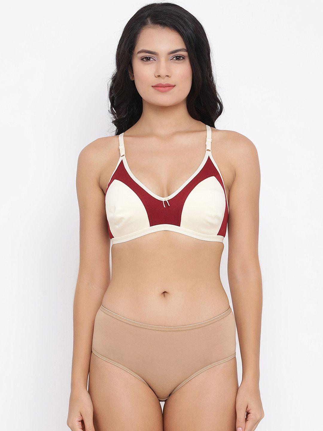 clovia women beige & maroon colourblocked lingerie set combbp39732b