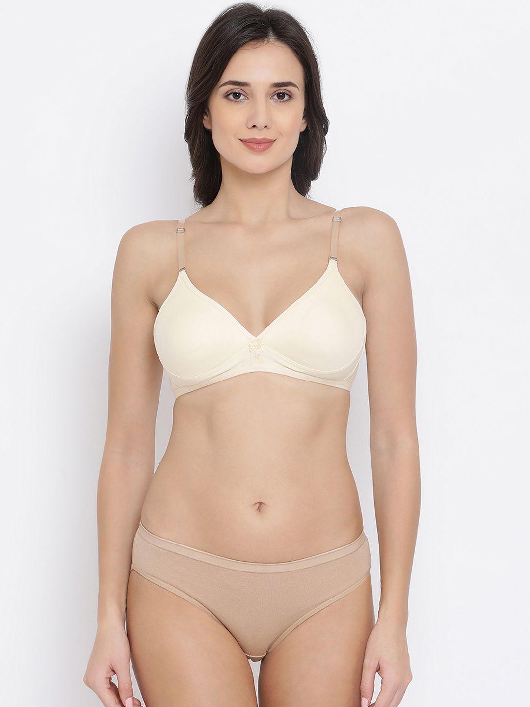 clovia women beige & nude-coloured solid lingerie set combbp62432b