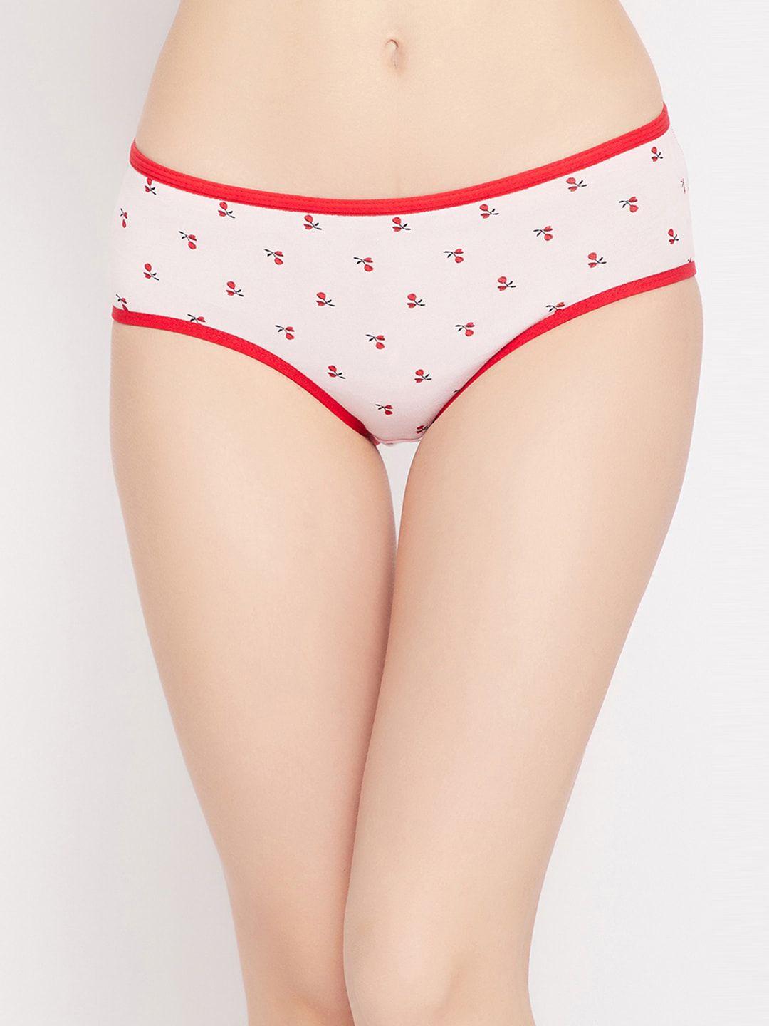 clovia women beige & pink printed cotton hipster briefs