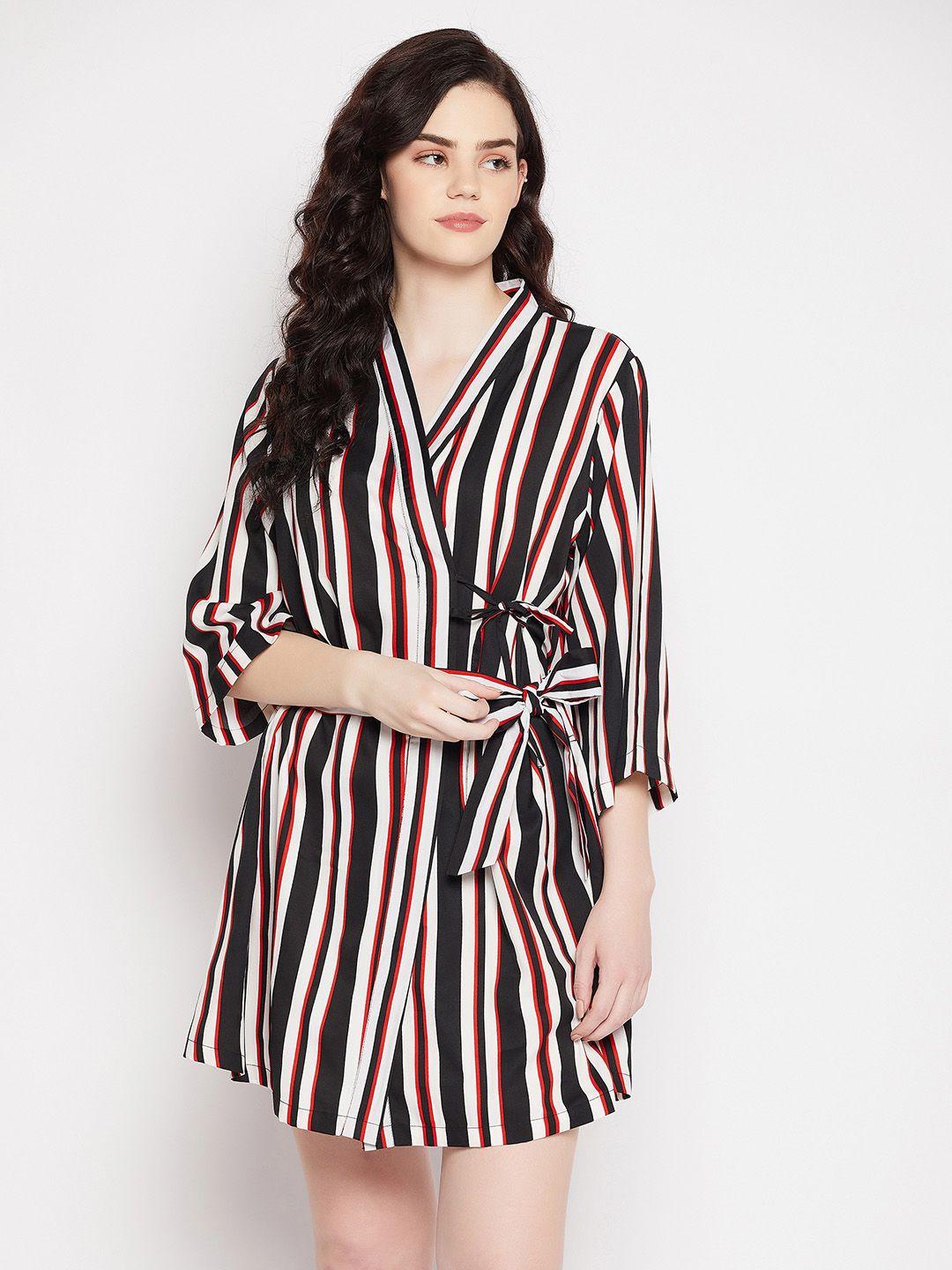 clovia women black & red striped crepe robe