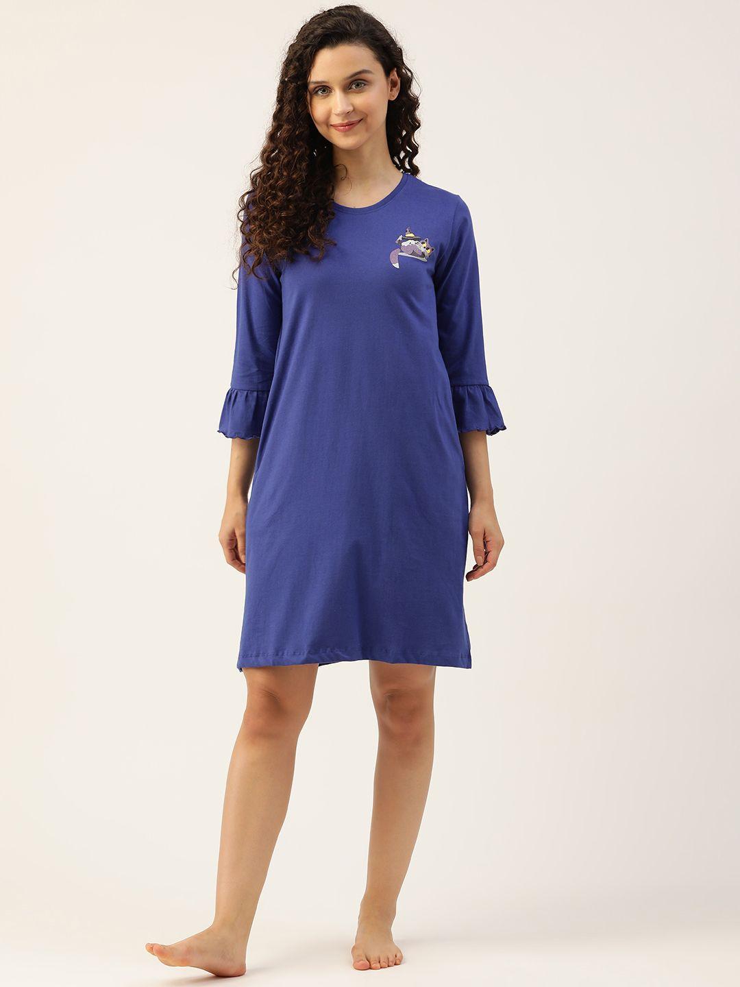 clovia women blue pure cotton printed nightdress