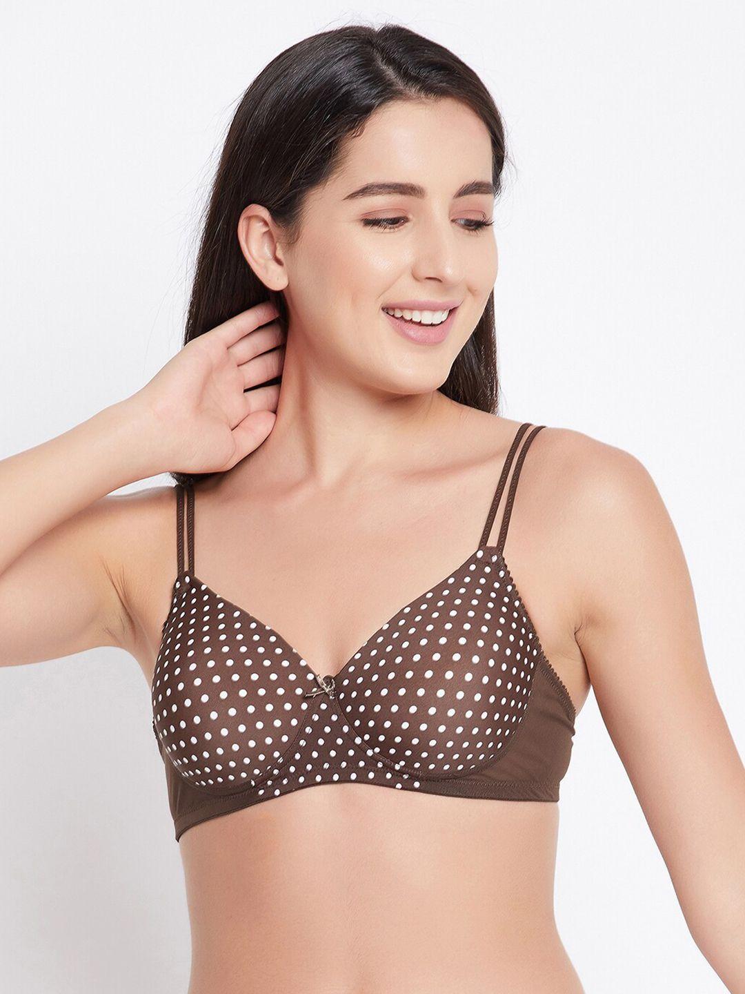 clovia women brown & white polka dots printed lightly padded t-shirt bra