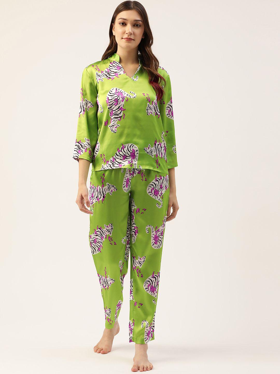 clovia women green satin printed night suit