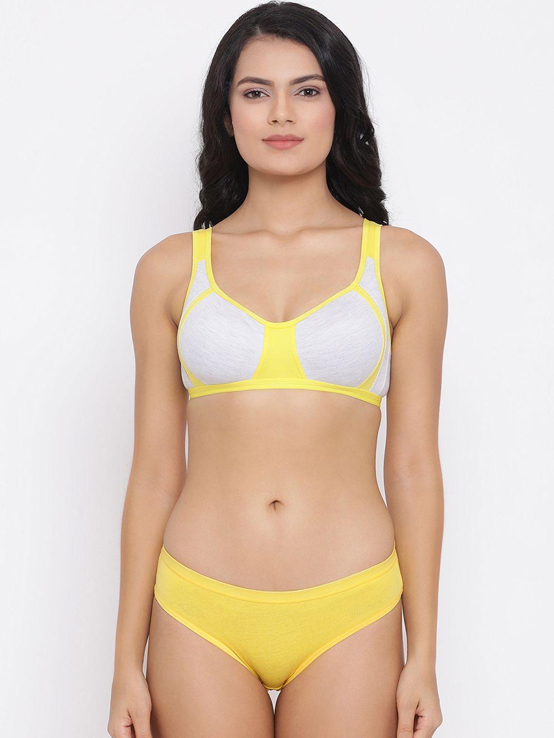 clovia women grey & yellow colourblocked lingerie set combbp71432b