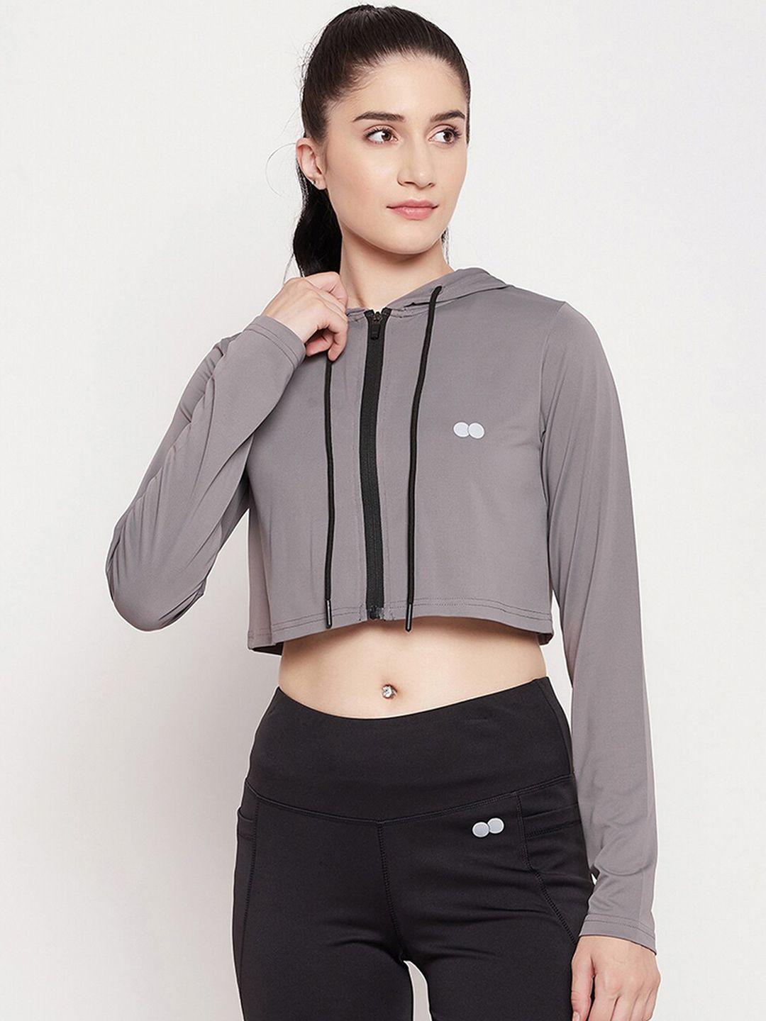 clovia women grey crop training or gym sporty jacket
