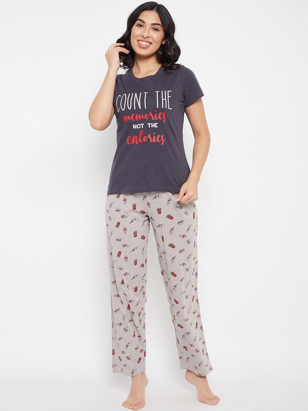 clovia women grey floral printed pure cotton t shirt & pyjama set