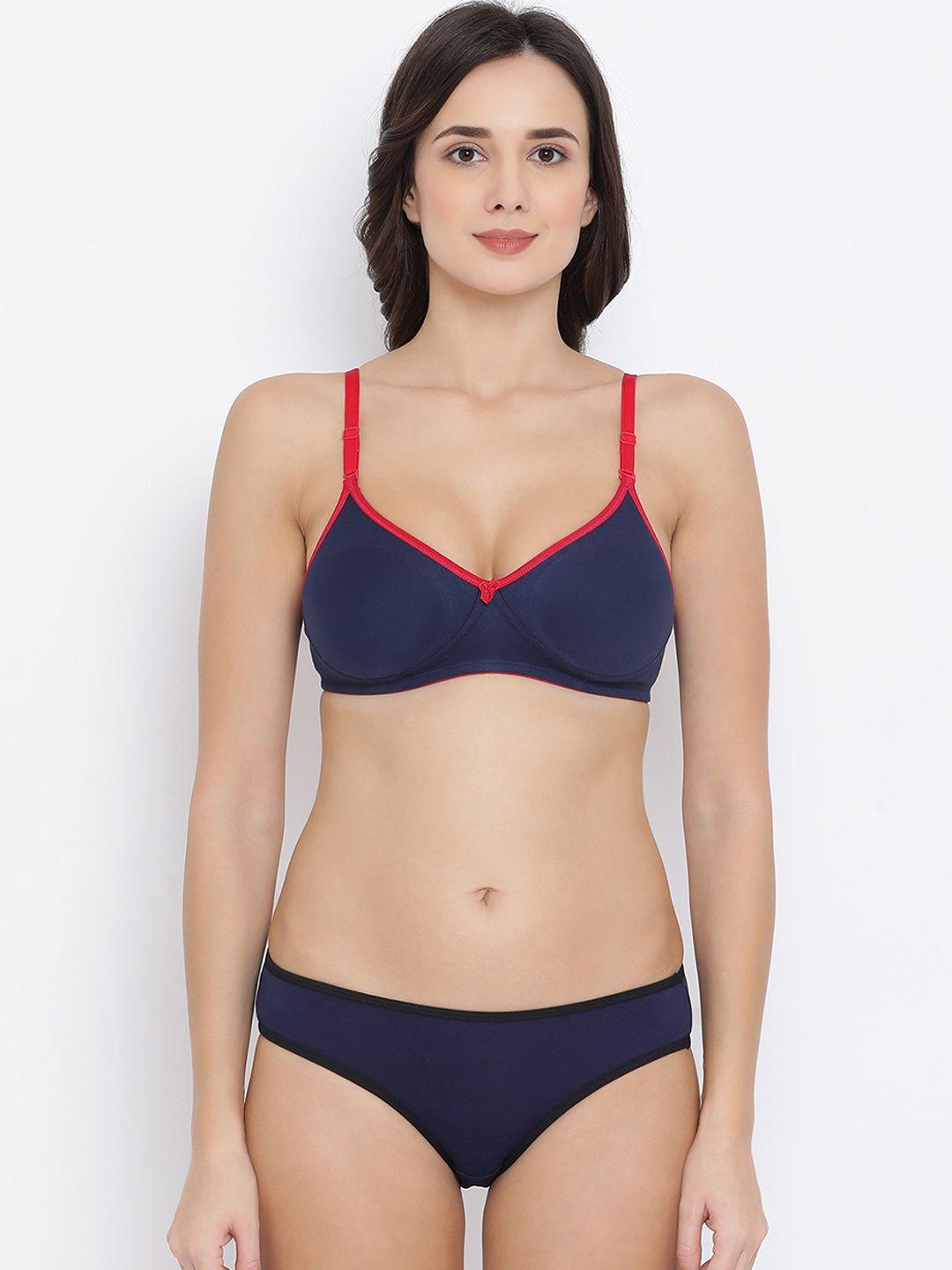 clovia women navy blue solid lingerie set combbp97032b